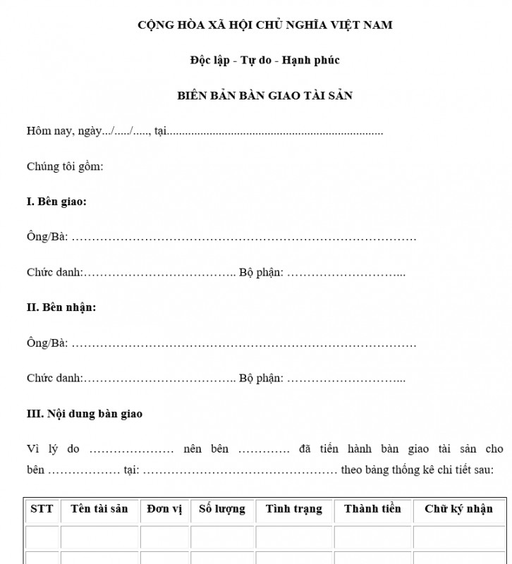 Mẫu biên bản bàn giao tài sản mới nhất