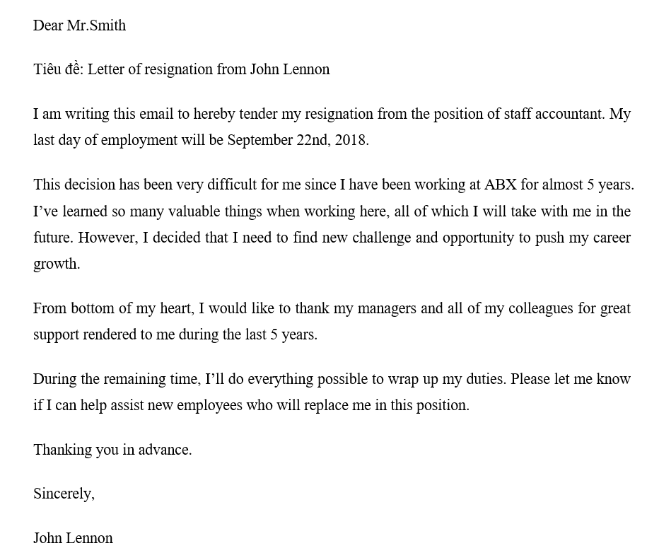 Mẫu đơn xin nghỉ việc bằng tiếng Anh - Letter of Resignation