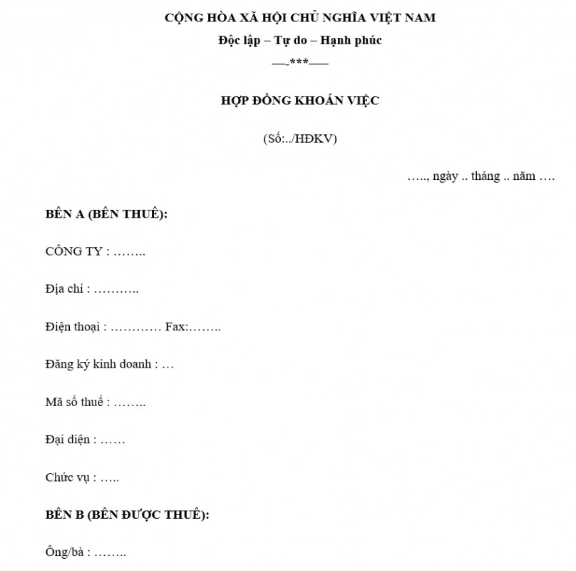 Mẫu hợp đồng khoán việc mới nhất