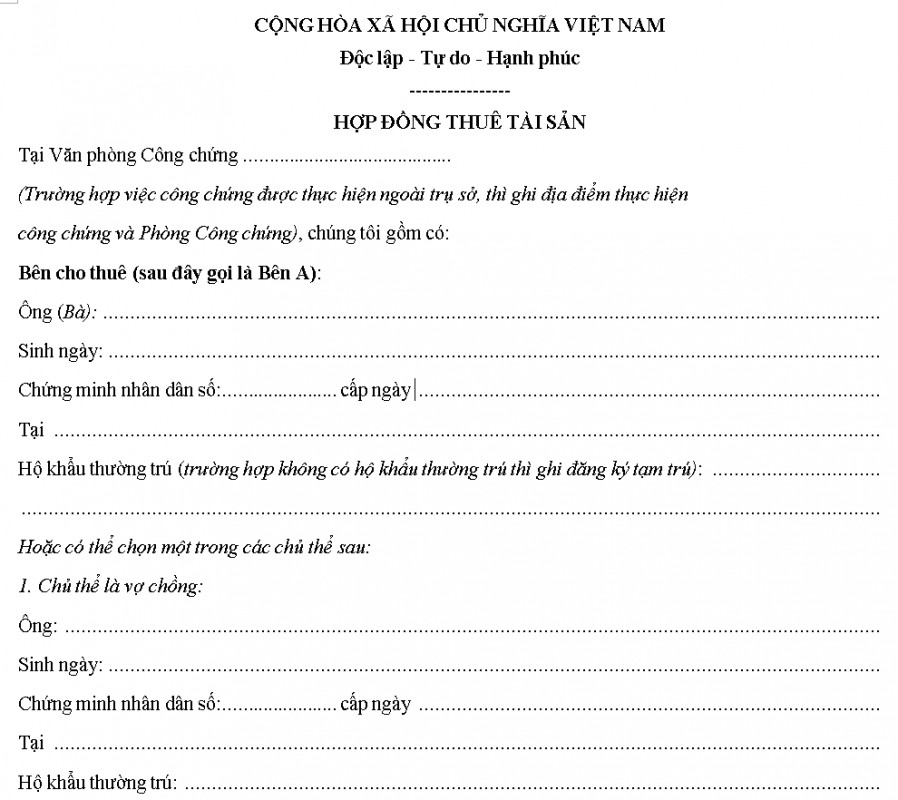 Mẫu hợp đồng thuê tài sản