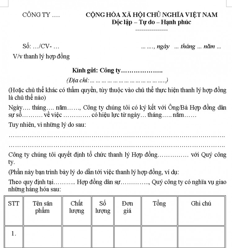 Mẫu công văn thanh lý hợp đồng