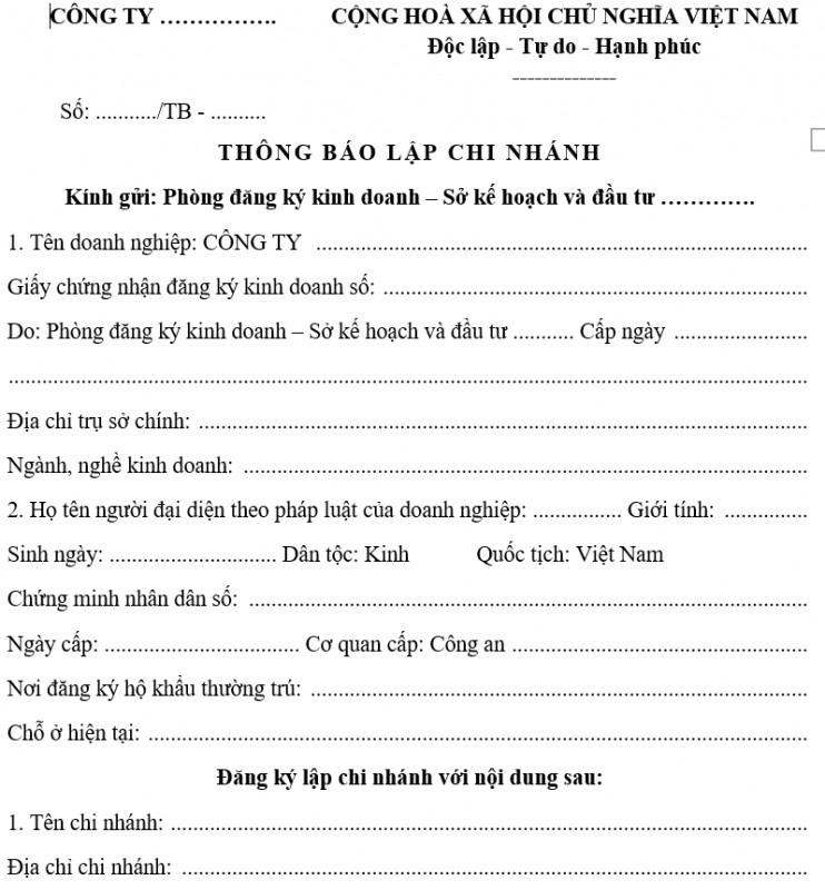 Mẫu thông báo lập chi nhánh công ty