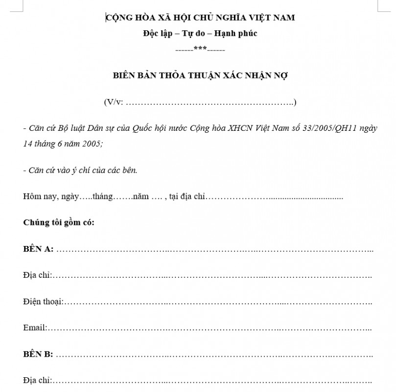 Mẫu biên bản thỏa thuận xác nhận nợ