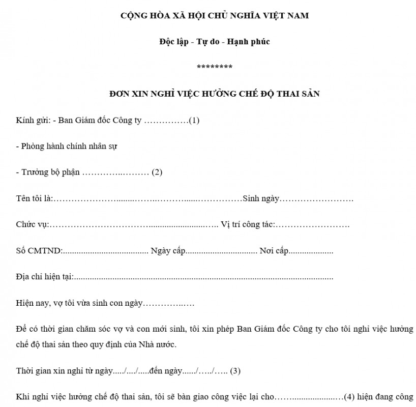 Mẫu đơn xin nghỉ việc hưởng chế độ thai sản đối với lao động nam