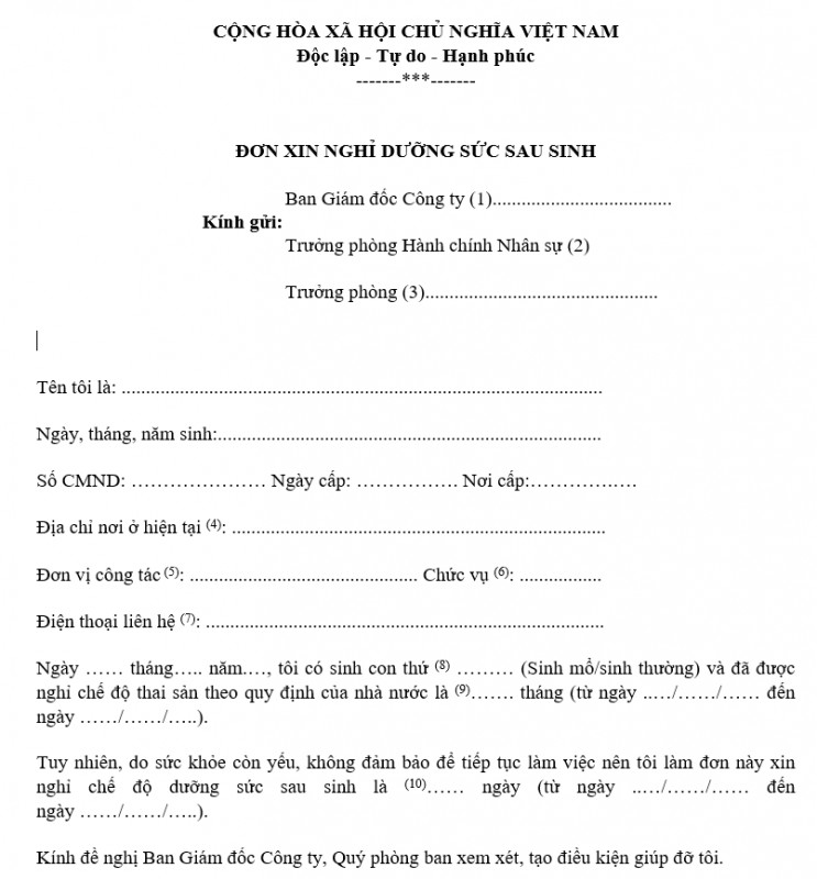 Mẫu đơn xin nghỉ dưỡng sức sau sinh