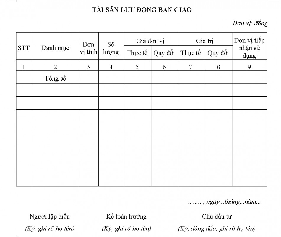Mẫu tài sản lưu động bàn giao