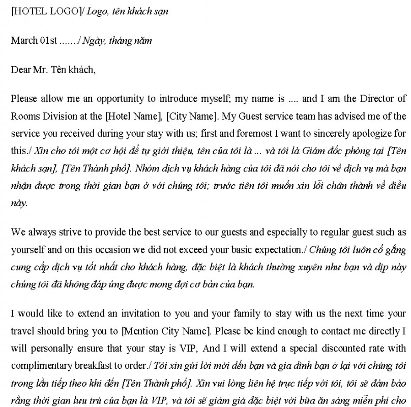 Mẫu thư xin lỗi khách hàng