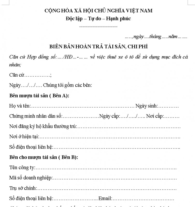 Mẫu biên bản hoàn trả tài sản
