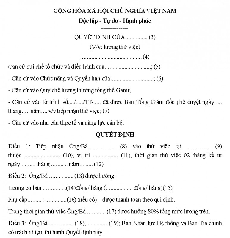 Mẫu quyết định lương thử việc