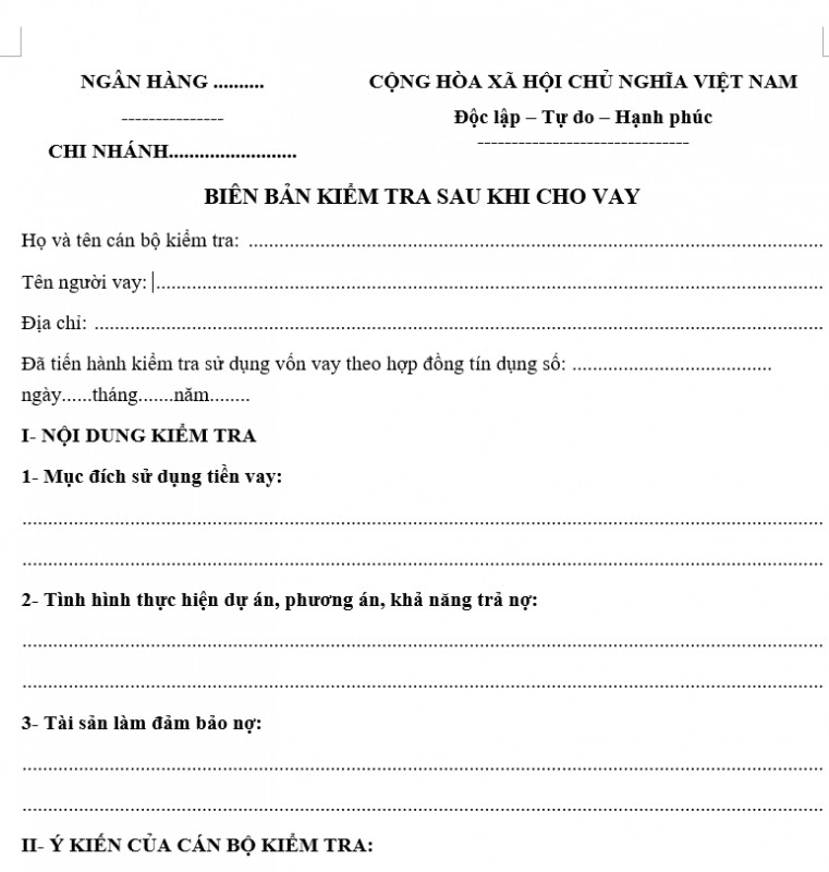 Mẫu biên bản kiểm tra sau khi cho vay