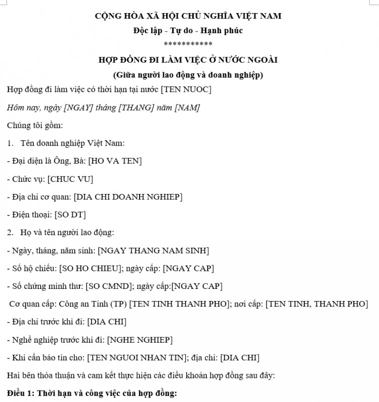 Mẫu hợp đồng đưa lao động đi làm việc ở nước ngoài