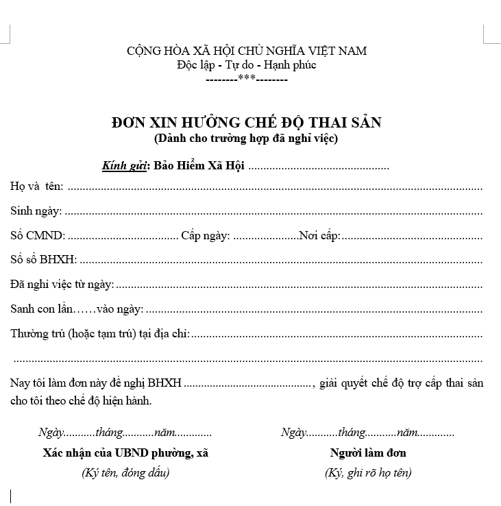 Mẫu đơn xin hưởng chế độ thai sản dành cho trường hợp đã nghỉ việc