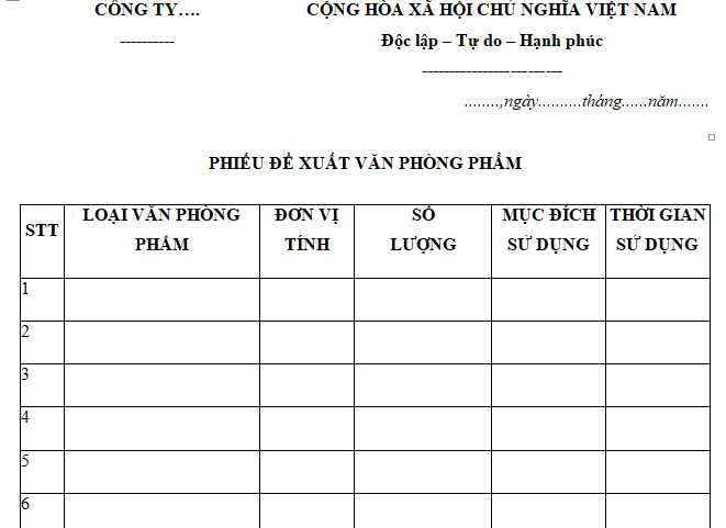 Mẫu phiếu đề nghị cung cấp văn phòng phẩm