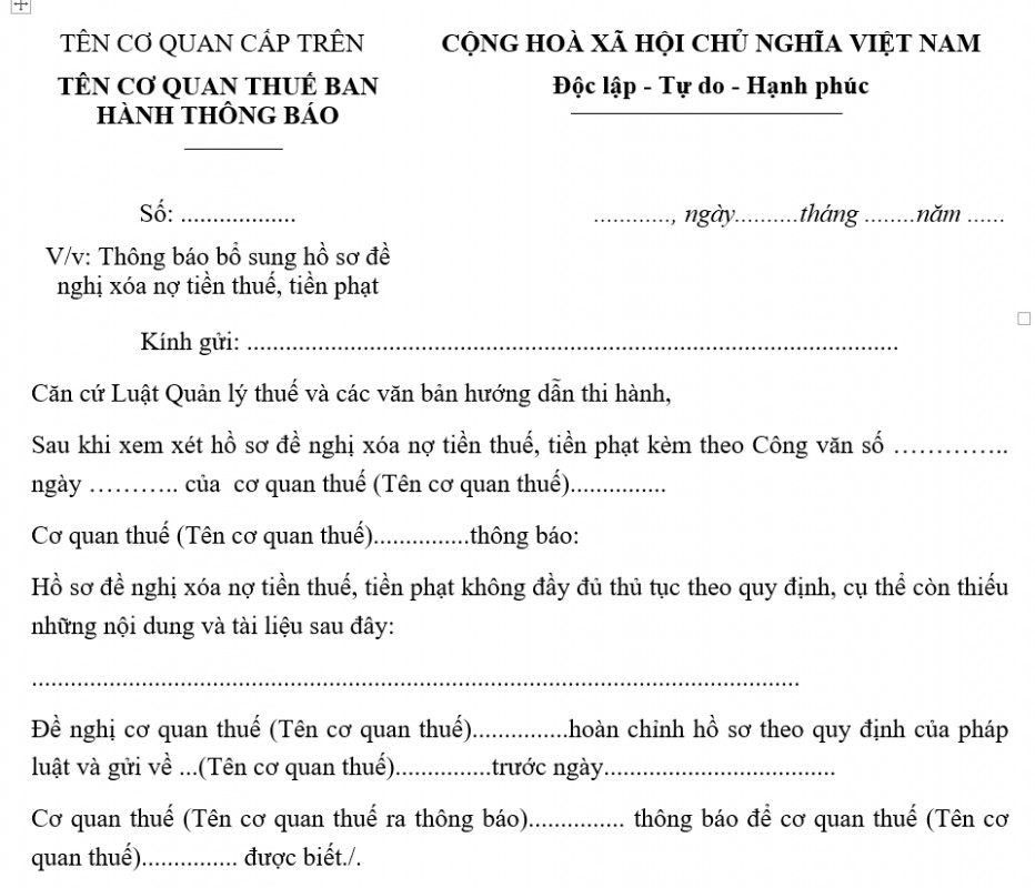 Thông báo sổ sung hồ sơ đề nghị xóa nợ tiền thuế, tiền phạt