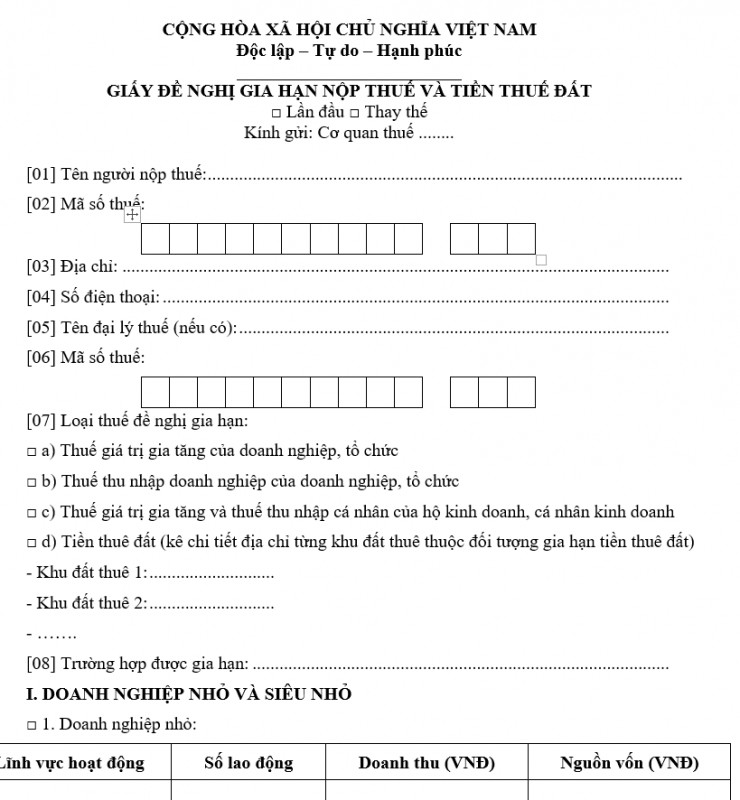 Giấy đề nghị gia hạn nộp thuế, tiền thuê đất 2021