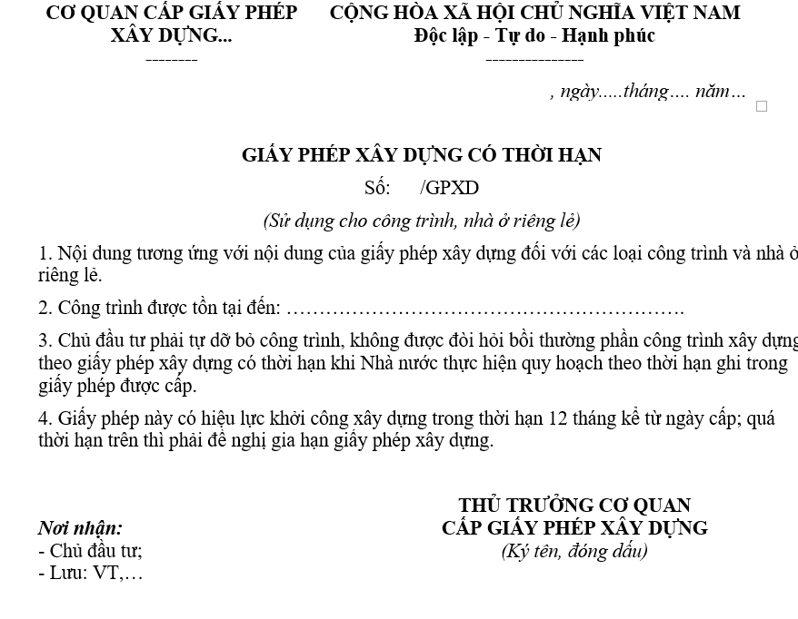 Mẫu giấy phép xây dựng có thời hạn