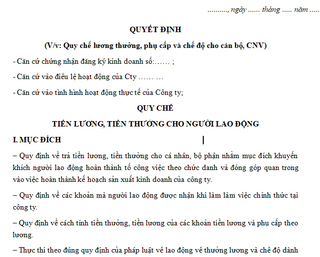 Mẫu quy chế tiền lương tiền thưởng, phụ cấp cho người lao động mới nhất