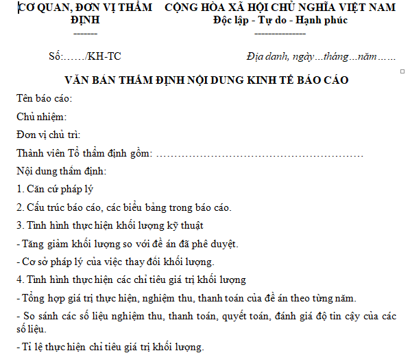 Mẫu văn bản thẩm định nội dung báo cáo kinh tế