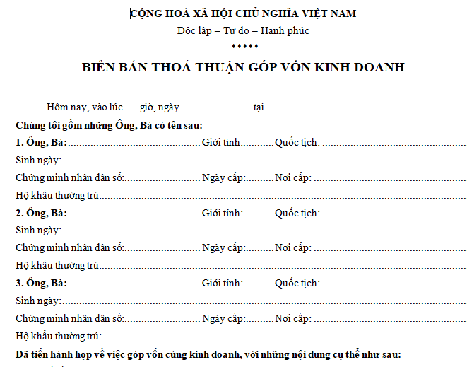 Mẫu biên bản thỏa thuận góp vốn kinh doanh