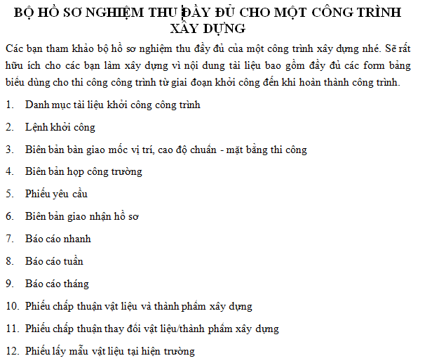 Hồ sơ nghiệm thu đầy đủ cho một công trình xây dựng