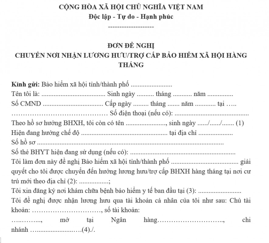 Mẫu đơn xin thay đổi nơi lĩnh lương hưu