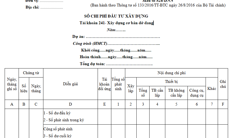 Sổ chi phí đầu tư xây dựng