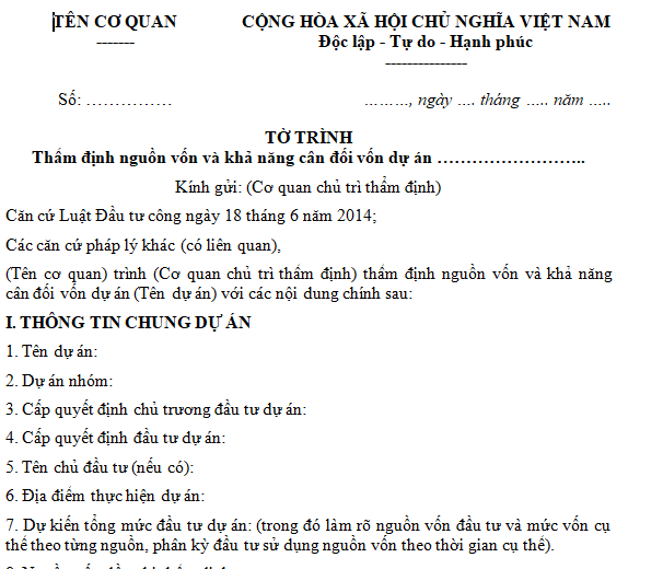 Mẫu tờ trình thẩm định nguồn vốn và khả năng cân đối vốn DA