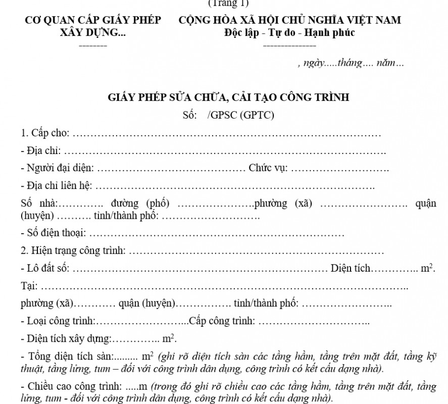 Mẫu giấy phép sửa chữa, cải tạo công trình