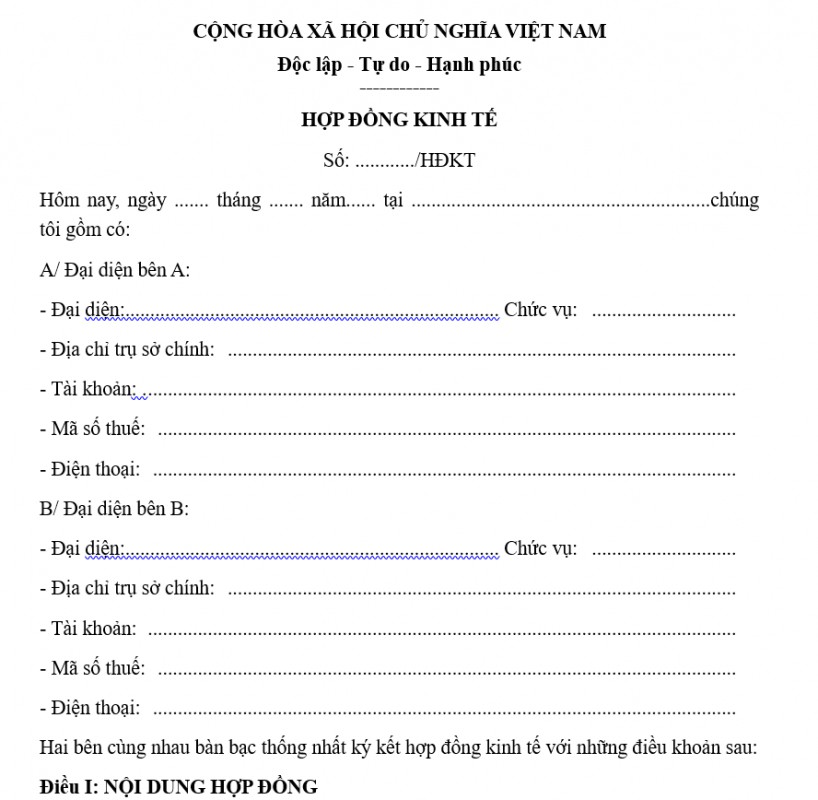Mẫu hợp đồng kinh tế xây dựng mới 2021
