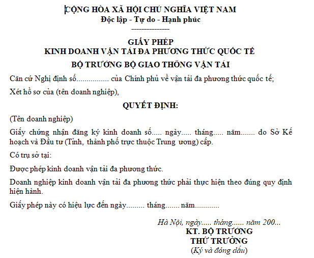 Mẫu giấy phép kinh doanh vận tải đa phương thức quốc tế