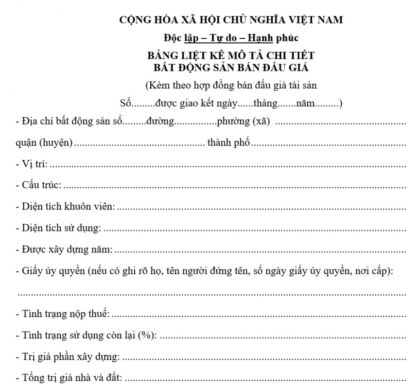 Mẫu bảng kê chi tiết tài sản bất động sản
