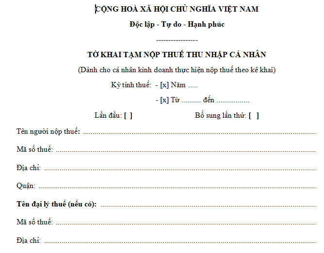 Mẫu tờ khai tạm nộp thuế thu nhập cá nhân mới