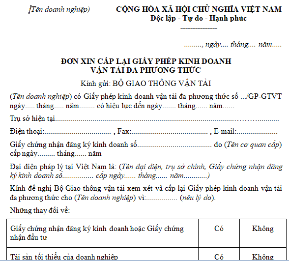 Mẫu đơn xin cấp lại giấy phép kinh doanh vận tải đa phương thức