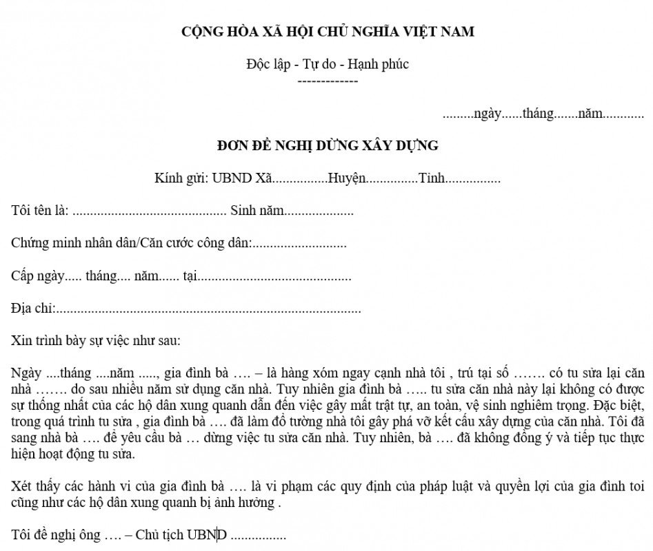 Mẫu đơn đề nghị dừng xây dựng