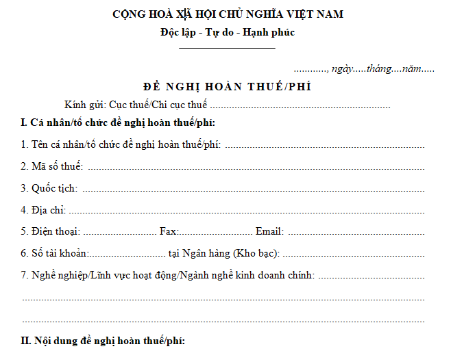 Mẫu văn bản đề nghị hoàn thuế