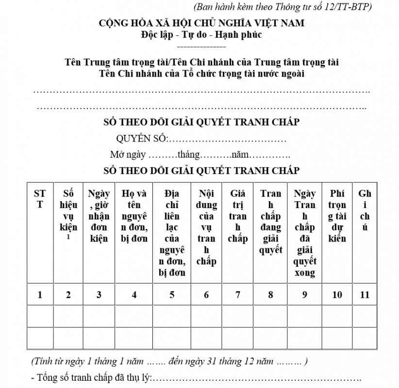 Sổ theo dõi giải quyết tranh chấp của trung tâm trọng tài