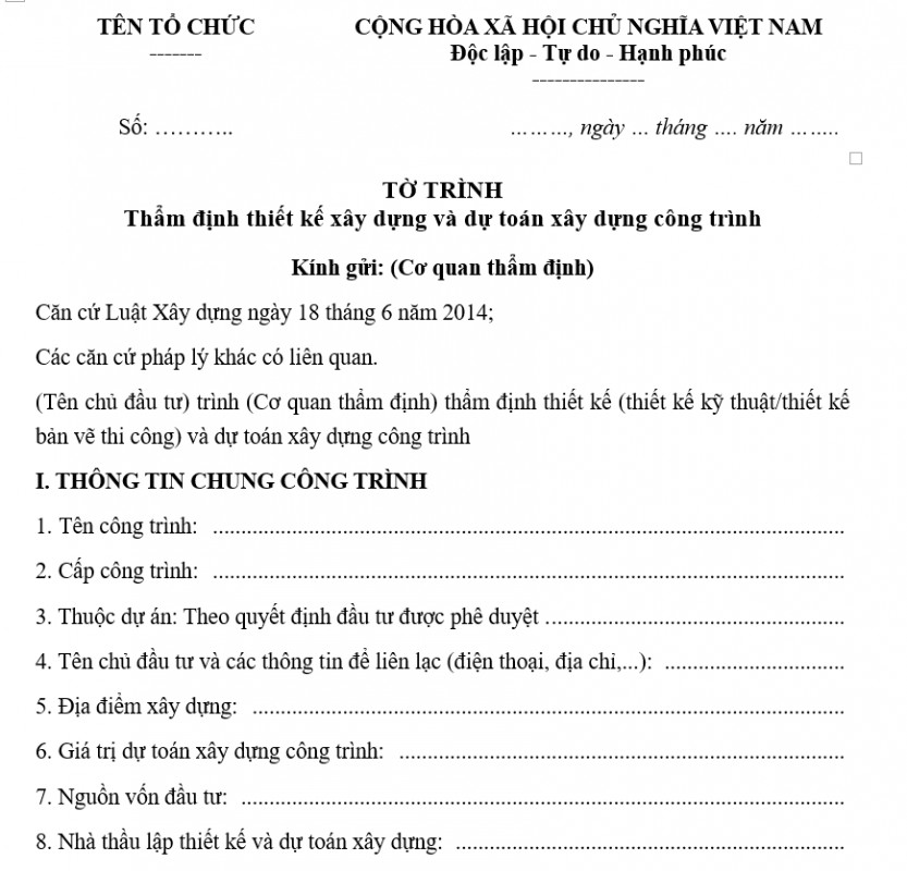 Tờ trình thẩm định thiết kế xây dựng và dự toán xây dựng công trình