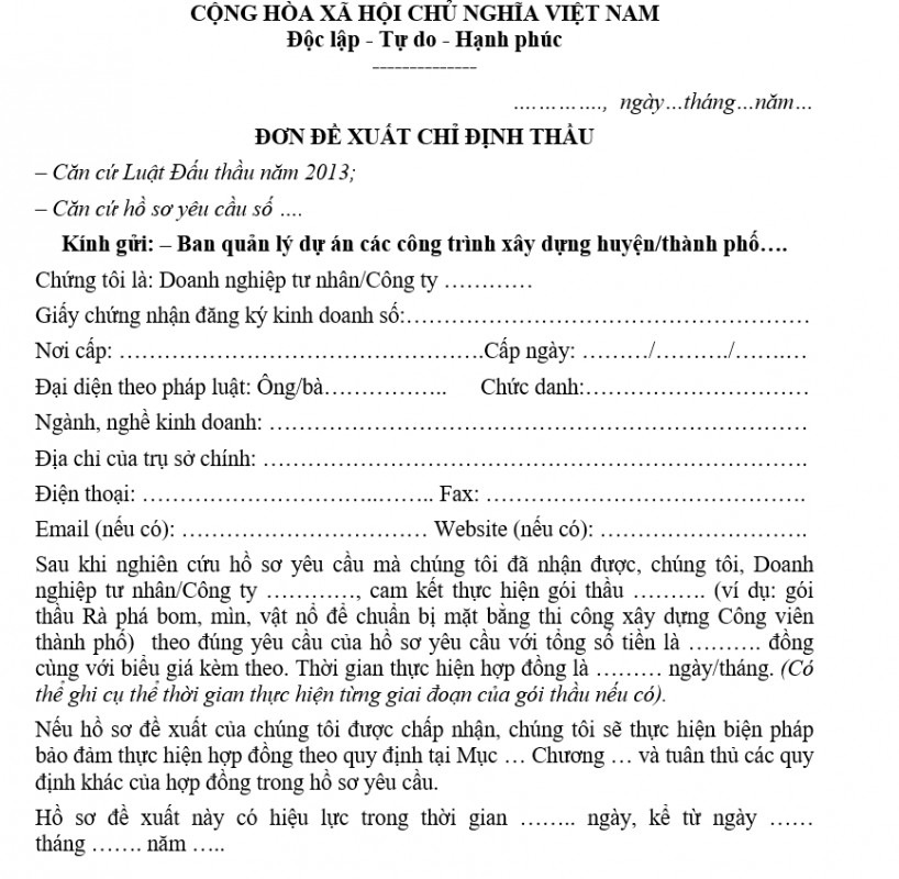 Mẫu đơn đề xuất chỉ định thầu