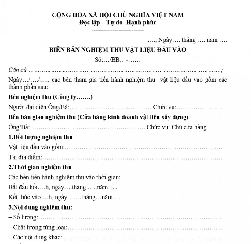 Mẫu biên bản nghiệm thu vật liệu đầu vào