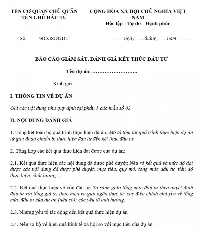 Báo cáo giám sát, đánh giá kết thúc đầu tư