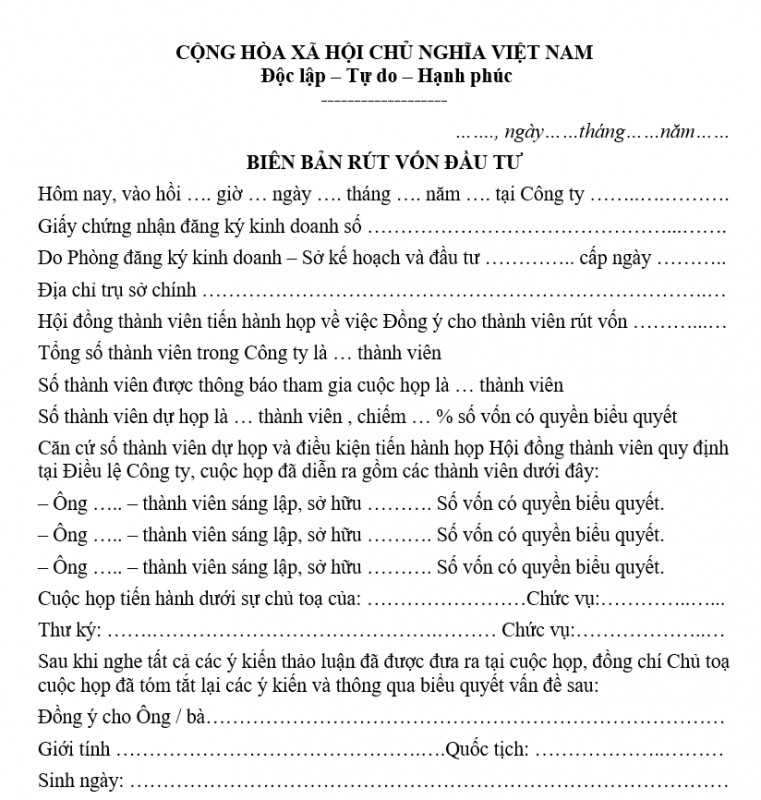 Mẫu biên bản rút vốn đầu tư