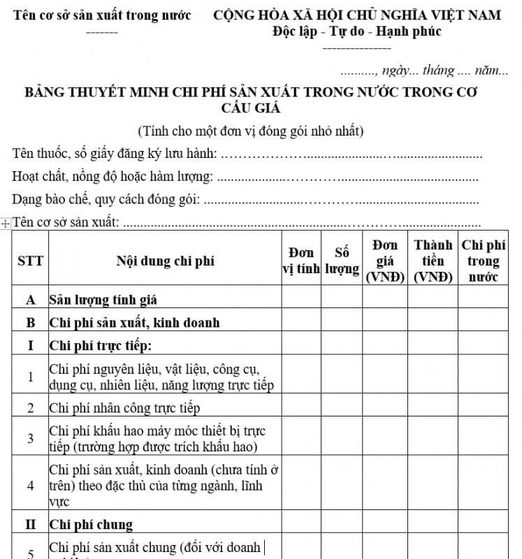 Mẫu bảng thuyết minh chi phí sản xuất trong nước trong cơ cấu giá