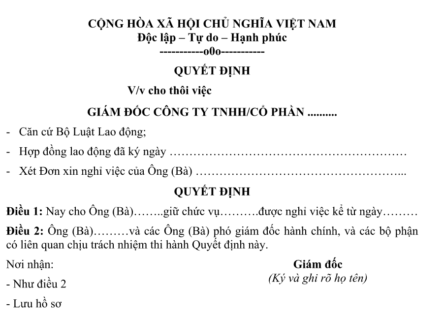 Mẫu quyết định thôi việc và những thông tin quan trọng
