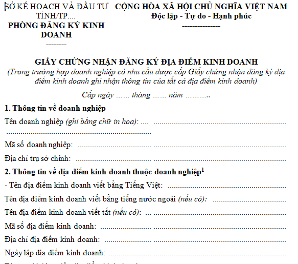 Mẫu giấy chứng nhận đăng ký địa điểm kinh doanh