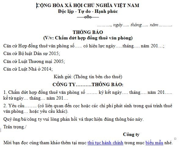 Mẫu thông báo chấm dứt hợp đồng thuê văn phòng