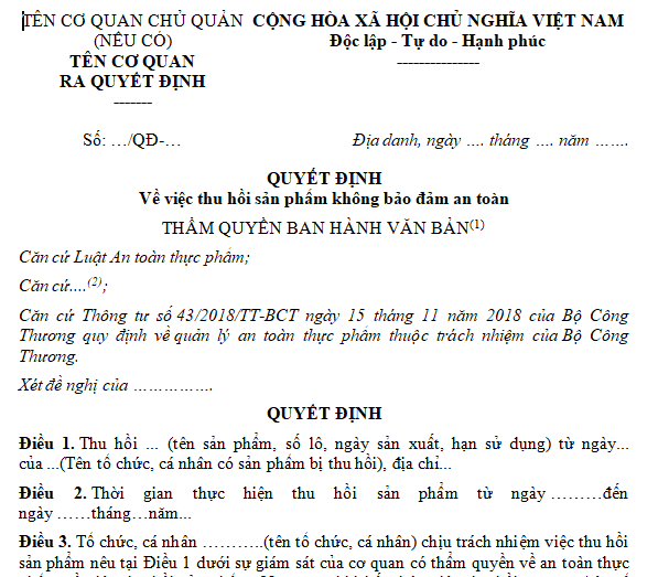 Mẫu quyết định thu hồi sản phẩm không bảo đảm an toàn thực phẩm