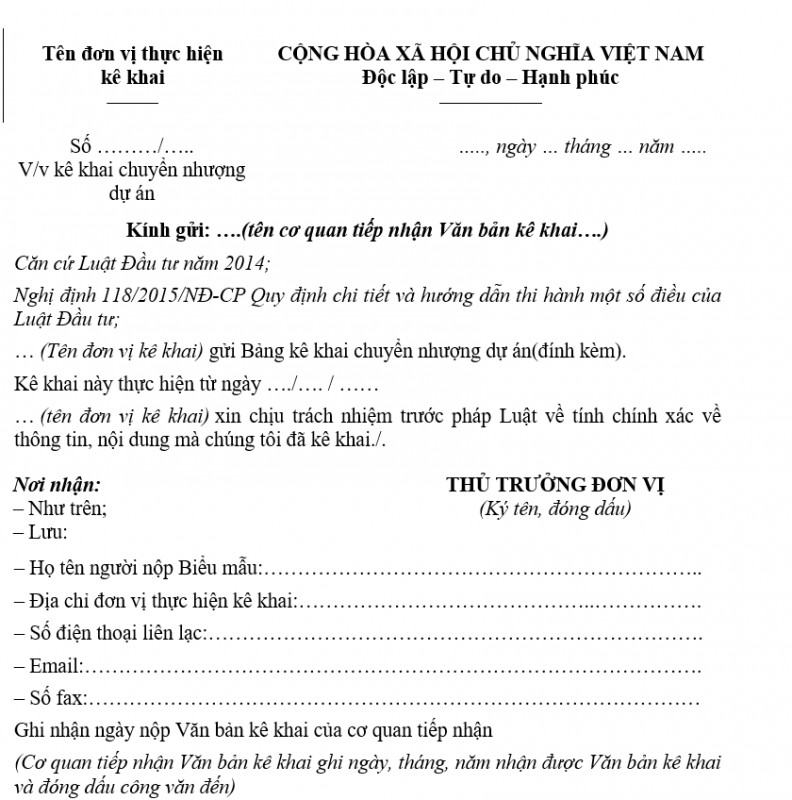 Mẫu kê khai chuyển nhượng dự án