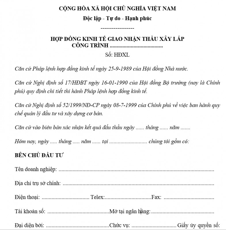Mẫu hợp đồng kinh tế giao nhận thầu xây lắp công trình , dự án