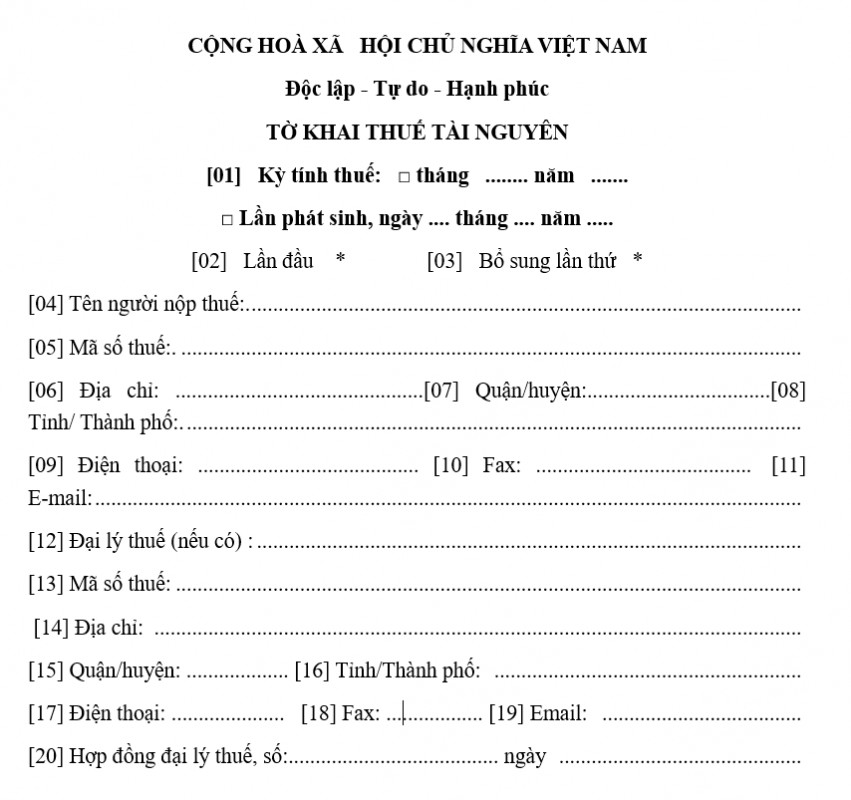 Mẫu tờ khai thuế tài nguyên