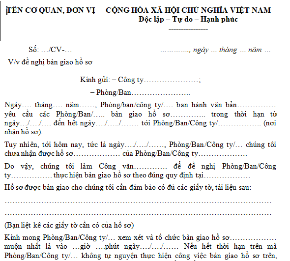 Mẫu công văn đề nghị bàn giao hồ sơ mới